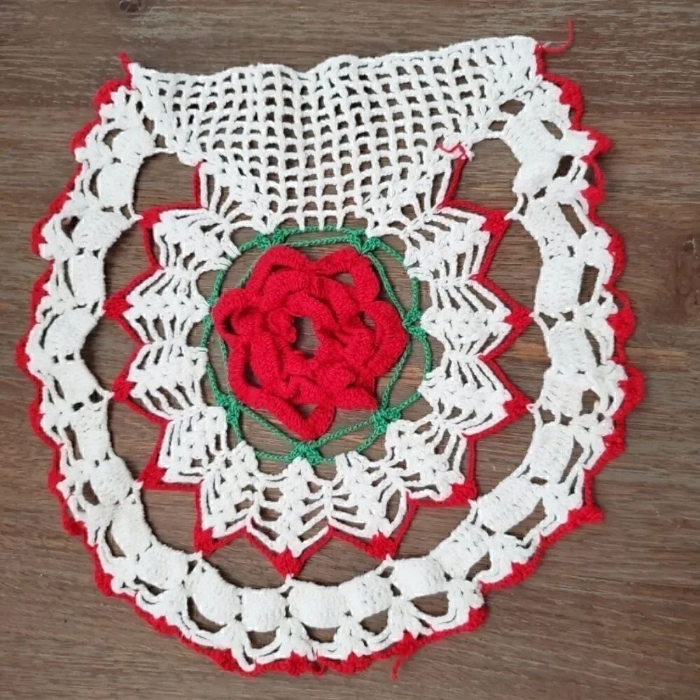 Vintage 12" 3D Rose Doily Poinsettia Red White